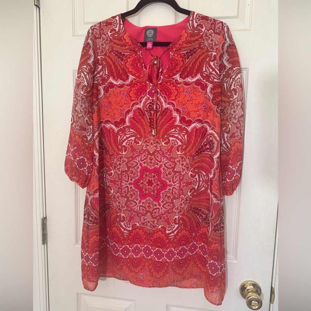 VINCE CAMUTO Floral Dress Size 6 Petite Orange & Pink Long Sleeves Knee Length